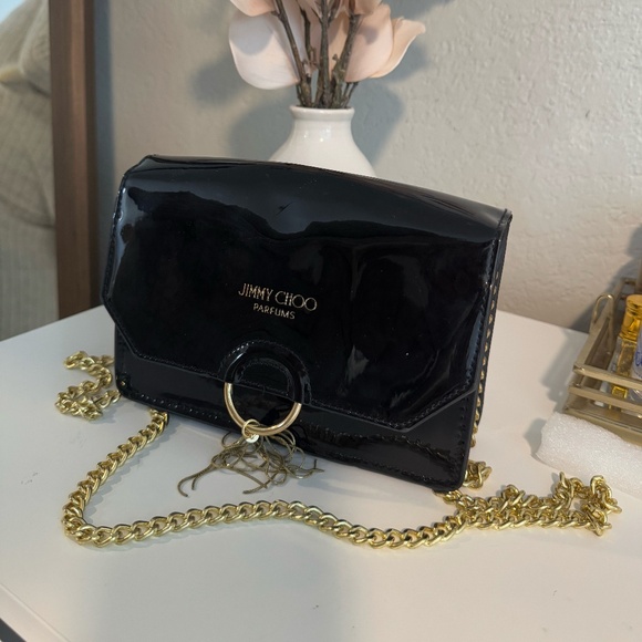 Jimmy Choo Parfums Black Patent Chain Evening CrossbodyBag Gold Chain Elegant - Picture 1 of 5